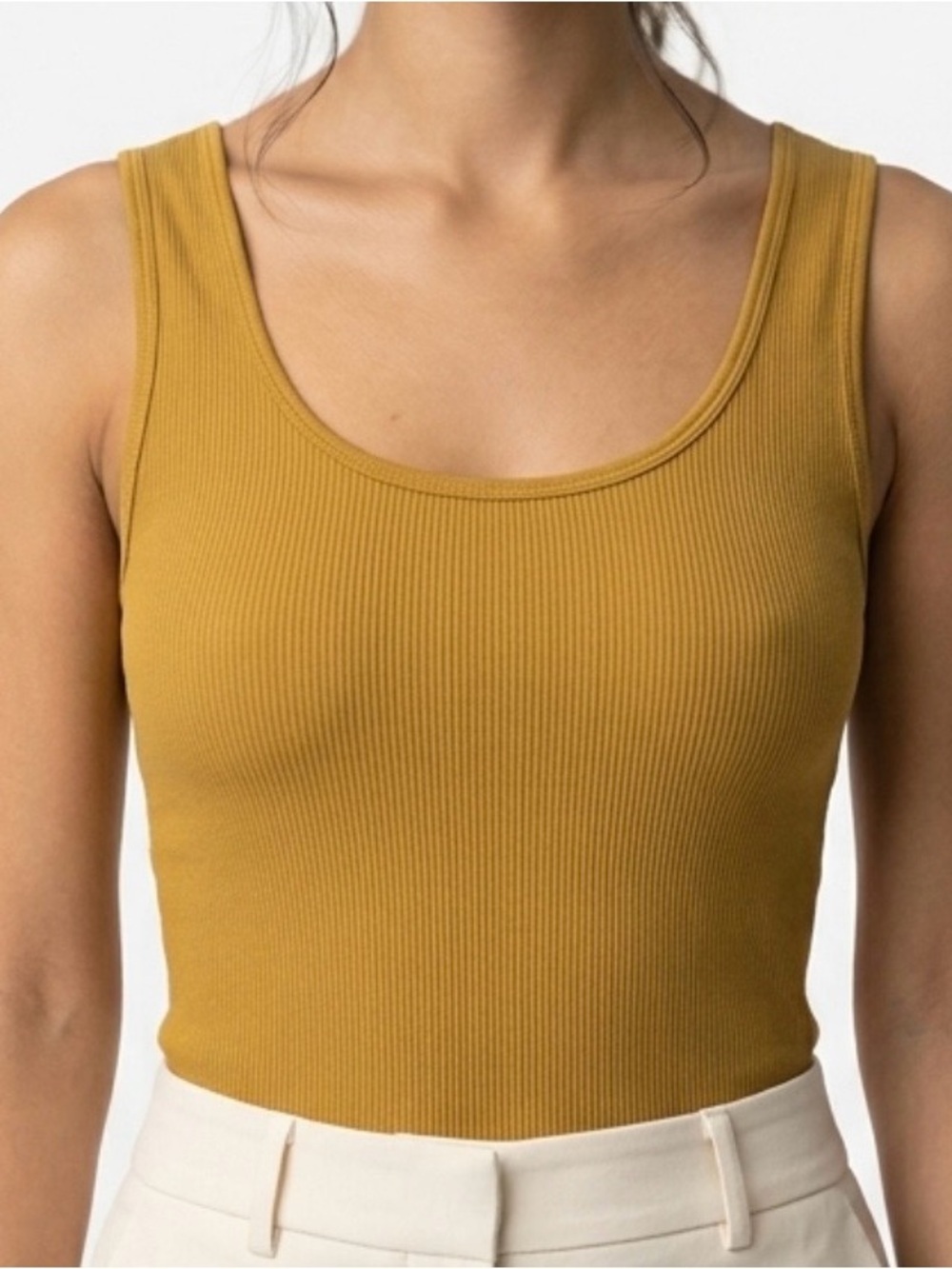 SUGAR LIPS WOMENS Ribbed Scoop Neck Tank Top, Mustard/Tan. CONFORMS TO YOUR BODY